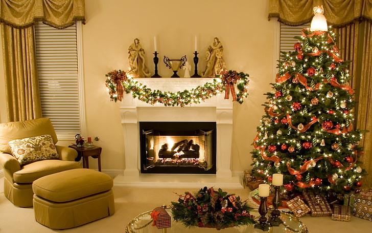 черно и бяла камина, декорация, светлини, стил, играчки, интериор, ангел, стол, свещи, Стая, подаръци, дърво, камина, завеси, венец, маса, обзаведен, Коледа, щори, стъкло, HD тапет