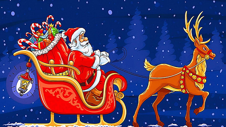 santa claus, lantern, deer, christmas, sleigh, christmas gift, HD wallpaper