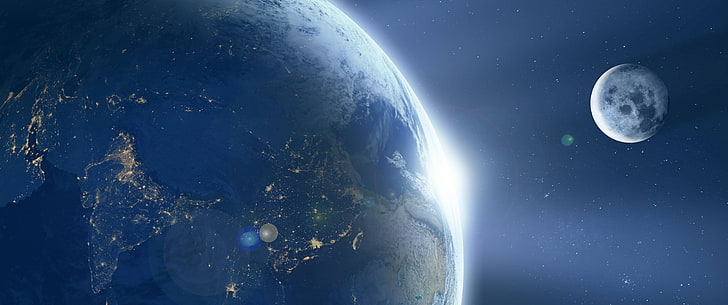 Ilustración del planeta tierra, espacio, luna, tierra, estrellas, Fondo de pantalla HD