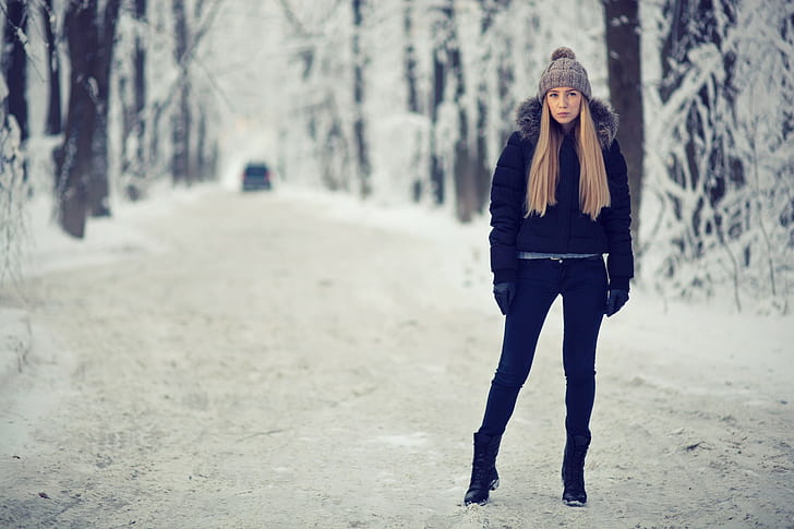 women, blonde, jacket, winter, standing, outdoors, long hair, straight hair, knit hat, looking away, road, snow, boots, jeans, gloves, black jackets, HD wallpaper