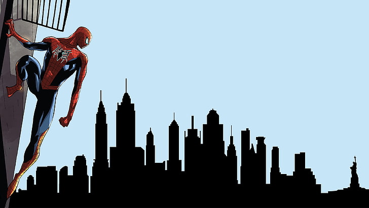 The sky, New York, The city, Costume, Building, City, Hero, Mask, Comic, The Statue Of Liberty, Sky, Superhero, Marvel, Spider-man, Statue of Liberty, Comics, Peter Parker, Buildings, HD wallpaper