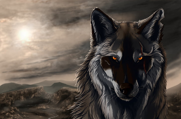 ilustração de lobo cinzento e preto, céu, sombra, WolfRoad, HD papel de parede