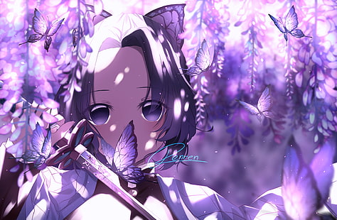 Anime, Demon Slayer: Kimetsu no Yaiba, Butterfly, Girl, Shinobu Kochou, Sfondo HD HD wallpaper