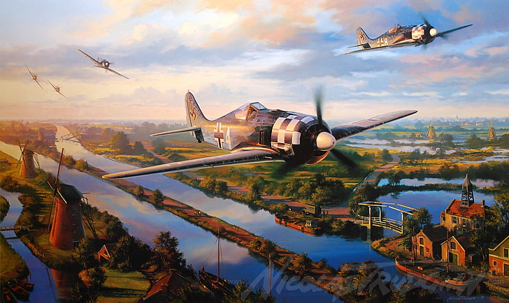 pintura de avião de hélice preta, aeronaves, guerra, arte, avião, aviação, ww2, luta de cães, fw 190, trudgian, HD papel de parede