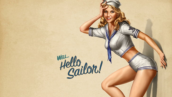 sexy, retro, vintage, style, pin up style, pin up, pin up girl, pretty, model, cheerful, attractive, art, illustration, happiness, happy, smile, hello, sailor, girl, woman, HD wallpaper