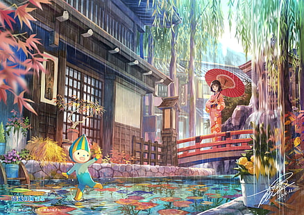 ragazza anime, kimono, casa tradizionale giapponese, acqua, pioggia, anime, Sfondo HD HD wallpaper