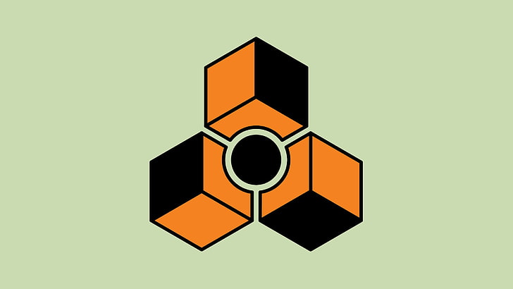 triangular orange and black logo, reason, cube, digital art, artwork, minimalism, orange, simple background, geometry, HD wallpaper