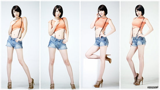 women's orange halter crop top collage, Asian, women, brunette, model, collage, jean shorts, Hwang Mi Hee, pierced navel, short hair, HD wallpaper HD wallpaper