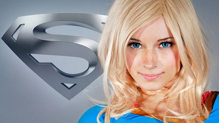 DC Supergirl иллюстрация, Enji ночь, косплей, блондинка, голубые глаза, женщины, модель, Supergirl, супергерой, смотрит на зрителя, длинные волосы, HD обои