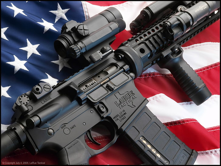American flag, USA, gun, assault rifle, AR-15, weapon, HD wallpaper
