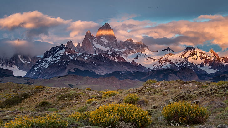 Argentina, Chile, Mount Fitz Roy, mountains, clouds, dusk, mountain view during daytime photo, Argentina, Chile, Fitz, Roy, Mountains, Clouds, Dusk, HD wallpaper