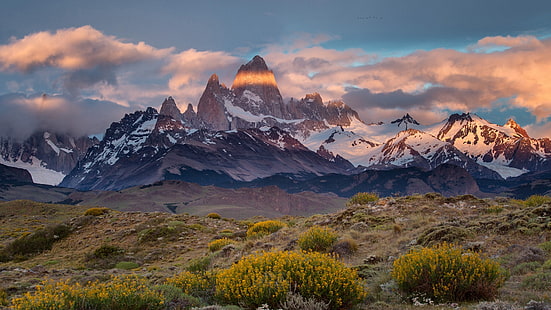 アルゼンチン、チリ、フィッツロイ山、山、雲、夕暮れ、昼間の写真の中にマウンテンビュー、アルゼンチン、チリ、フィッツ、ロイ、山、雲、夕暮れ、 HDデスクトップの壁紙 HD wallpaper