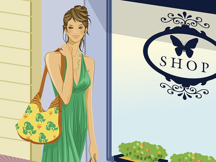 woman in green tank dress, expensive clothes shop, boutique, girl, walking, shopping, HD wallpaper