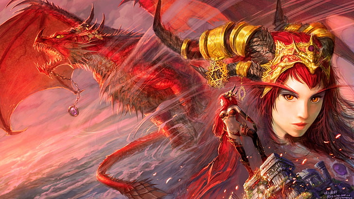 woman and dragon artwork, Alexstrasza, World of Warcraft, dragon, fantasy girl, HD wallpaper