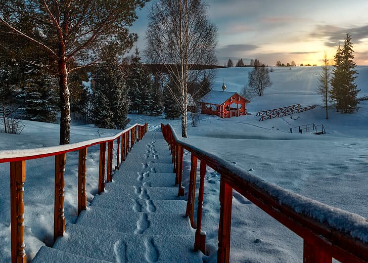 snow, path, cabin, Sun, sunset, trees, snow covered, steps, outdoors, photography, winter, nature, HD wallpaper