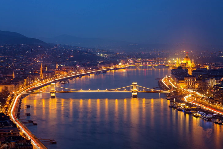Budapest, Danubio, ungherese, Ungheria, Palazzo del Parlamento ungherese, Ponte delle Catene, riflessione, Sfondo HD
