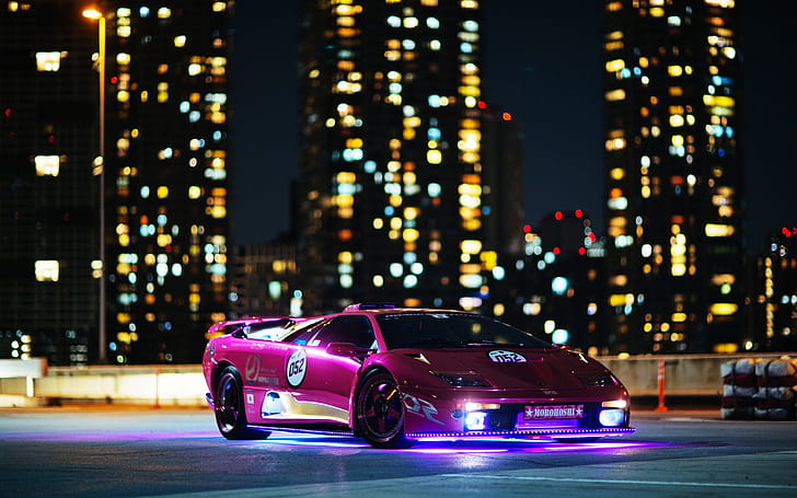 Фиолетовый суперкар Lamborghini, ночь, здания, огни, розовый Lamborghini Diablo, Фиолетовый, суперкар Lamborghini, ночь, здания, огни, HD обои