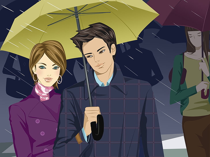 pareja de pie bajo el paraguas, pareja, niña, niño, lluvia, paraguas, amor, Fondo de pantalla HD