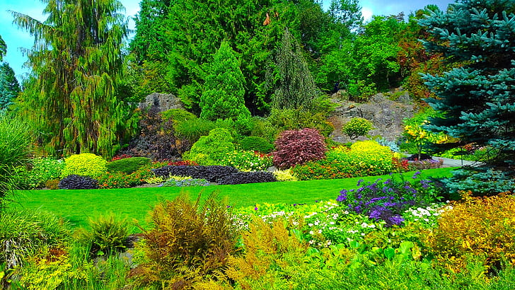 verts, herbe, arbres, fleurs, Canada, ensoleillé, les buissons, jardins, Jardin Reine Elizabeth, Fond d'écran HD