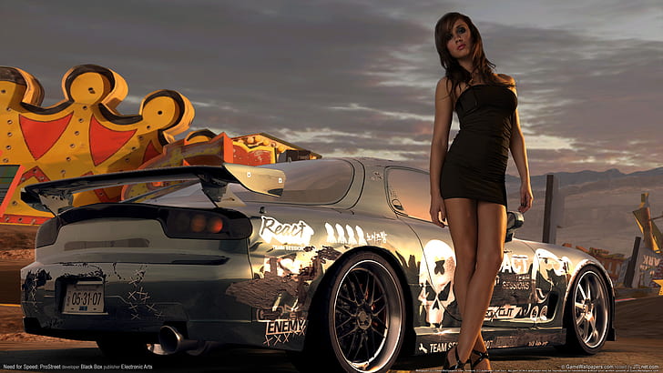 Need for Speed ​​Prostreet Girls 6, schwarzes Röhren-Minikleid für Damen und grauer Sportwagen, Need, Speed, Prostreet, Girls, HD-Hintergrundbild