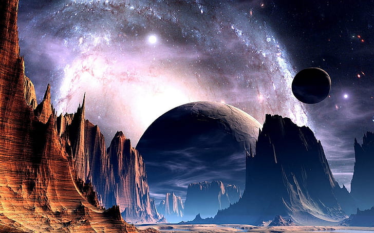 Sci Fi Ficção científica Planetas Alienígena Céu Estrelas Nebulosa Galáxia Espaço Universo Luz brilhante Natureza Paisagens Montanhas Cliff Valley Spire Art Artístico 1920 × 1200, HD papel de parede