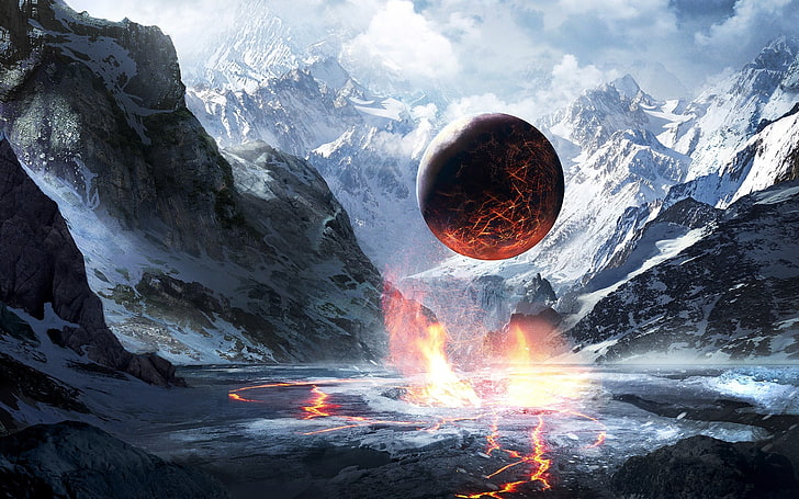 Bergtapete, Planet, Grafik, Science Fiction, Fantasiekunst, Berge, Schnee, Kugel, Lava, HD-Hintergrundbild