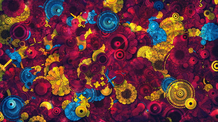blue, red, and yellow floral textile, abstract, HD wallpaper