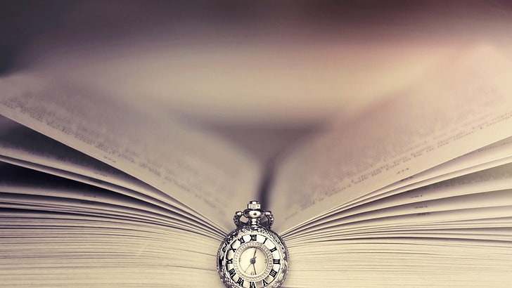 orologio da tasca rotondo color argento, libro, orologio, segnalibro, umore, Sfondo HD