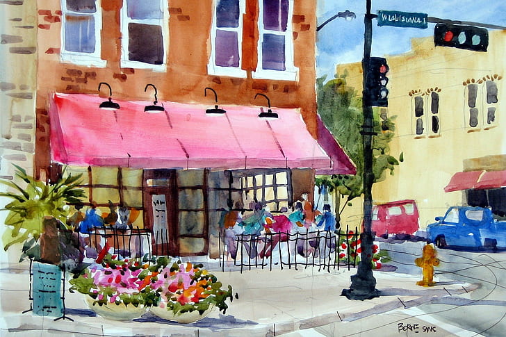 artwork, painting, watercolor, flowerpot, cafes, traffic lights, HD wallpaper