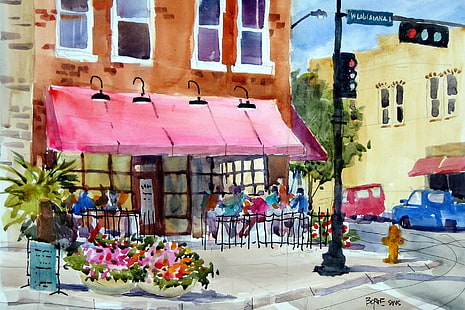 artwork, painting, watercolor, flowerpot, cafes, traffic lights, HD wallpaper HD wallpaper