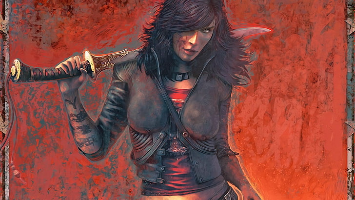 анимированная женщина с мечом в живописи, руби, мокрая (видеоигра), видеоигры, HD обои