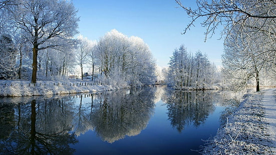 Зима, река, дървета, слана, сняг, живописна природа, зимен пейзаж, зима, река, дървета, слана, сняг, живописна природа, зимен пейзаж, HD тапет HD wallpaper