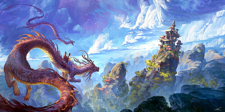 China, casa, fantasía, cielo, paisaje, naturaleza, nubes, colinas, castillo, arte digital, obra de arte, arte de fantasía, pagoda, dragones, lok du, paisaje de fantasía, xianxia, ​​dragones chinos, Fondo de pantalla HD