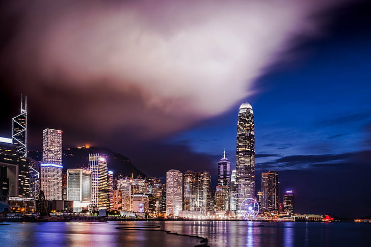 Fotografia widokowa nocna wieżowców obok akwenu, Hongkong, Hongkong, Widok nocny, fotografia, wieżowce, zbiornik wodny, FE, 35 mm, F4, ZA, OSS, Wanchai, Hongkong Konwencja i wystawa Centrum, długa ekspozycja, ILCE-7M2, noc, hongkong, panorama miejska, pejzaż miejski, wieżowiec, azja, dzielnica śródmiejska, architektura, chiny - Azja Wschodnia, scena miejska, słynne miejsce, biznes, miasto, port, port w Wiktorii - Hongkong , finanse, wieża, budynek Na zewnątrz, zmierzch, budynek biurowy, nowoczesny, morze, Tapety HD