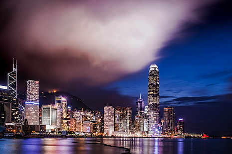 night view photography of high-rise buildings beside body of water, hong kong, hong kong, Night View, photography, high-rise buildings, body of water, FE, 35mm, F4, ZA, OSS, Wanchai, Hong Kong Convention and Exhibition Centre, long exposure, ILCE-7M2, night, hong Kong, urban Skyline, cityscape, skyscraper, asia, downtown District, architecture, china - East Asia, urban Scene, famous Place, business, city, harbor, victoria Harbour - Hong Kong, finance, tower, building Exterior, dusk, office Building, modern, sea, HD wallpaper HD wallpaper