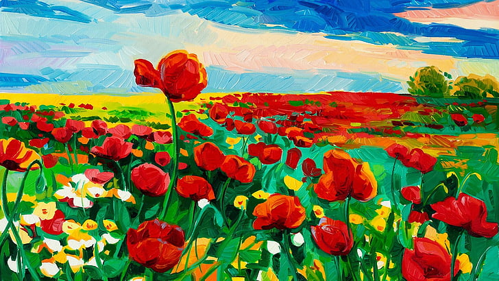 painting, flowers, painting art, tulips, red tulips, tulip, field, spring, art, artwork, sky, flower, oil painting, landscape, landscape painting, meadow, HD wallpaper