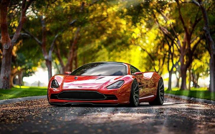 Aston Martin, кола, червени коли, слънчева светлина, боке, дълбочина на рязкост, превозно средство, HD тапет