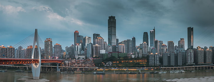ciudad, ChongQing, China, Yangtze, río, puente atirantado, Fondo de pantalla HD