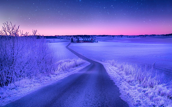 pemandangan, alam, jalan, musim dingin, salju, lapangan, bintang, malam, matahari terbenam, Wallpaper HD