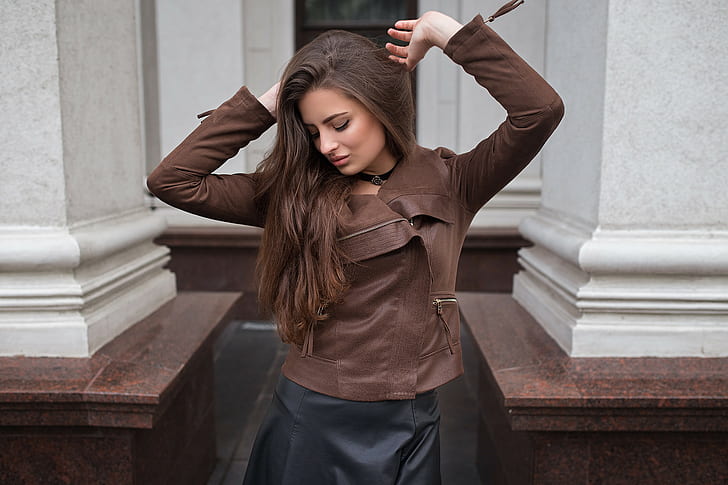 women, portrait, Dmitry Sn, leather jackets, long hair, leather skirts, brunette, closed eyes, Veronica (Dmitry Sn), Veronika Avdeeva, Dmitry Shulgin, women outdoors, touching hair, black skirts, brown jacket, HD wallpaper