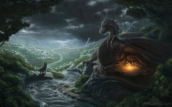 волк и дракон иллюстрации, фэнтези арт, дракон, волк, река, HD обои