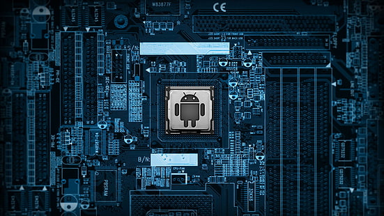 computer motherboard, hardware, computer, Android (operating system), digital art, technology, blue, HD wallpaper HD wallpaper