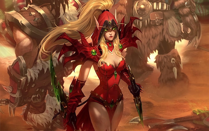 digital art, artwork, video games, Blizzard Entertainment, Warcraft,  World of Warcraft, elven, pointed ears, Valeera Sanguinar, Valeera, thighs, Rogue, blonde, women, tight clothing, long hair, yellow eyes, cleavage, looking at viewer, HD wallpaper