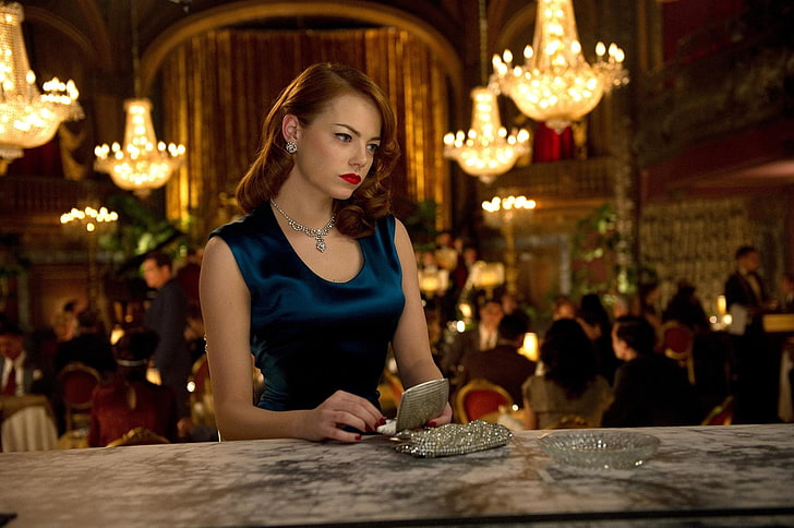 woman with blue satin scoop-neck sleeveless dress close-up photography, Emma Stone, women, Gangster Squad, actress, necklace, movies, HD wallpaper