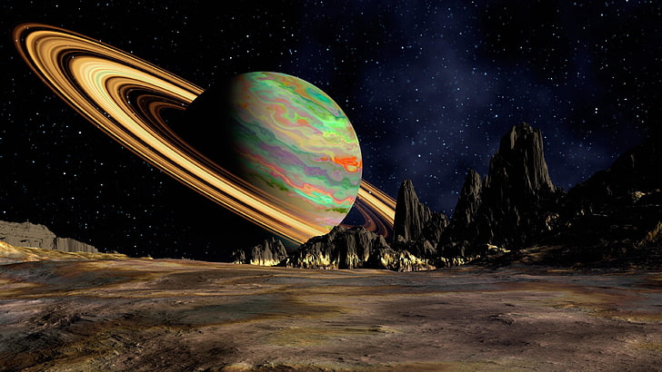 bellissimo pianeta inanellato, Saturno, anello, pianeta, arte spaziale, fantasy art, superficie, Sfondo HD