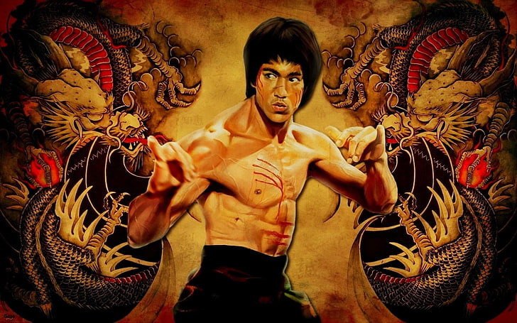 Bruce Lee retrato obras de arte, dragões, lenda, Bruce Lee, karatê, HD papel de parede