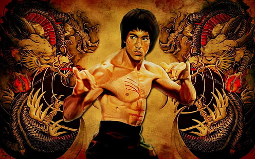 Bruce Lee portrait artwork, dragons, legend, Bruce Lee, karate, HD wallpaper HD wallpaper