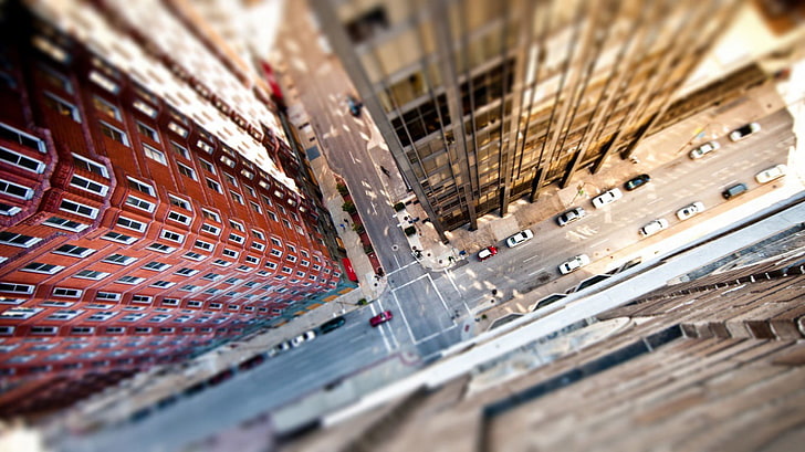 high rise buildings, vehicle parked surrounded high-rise buildings, cityscape, city, building, tilt shift, aerial view, road, car, New York City, blurred, street, bird's eye view, HDR, HD wallpaper