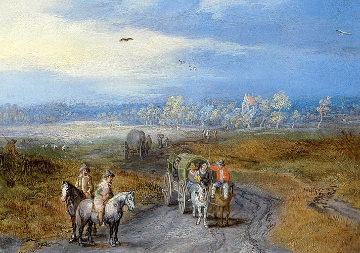 road, picture, wagon, riders, A landscape with Travelers, Jan Brueghel the elder, HD wallpaper