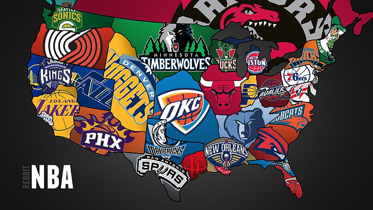 Карта США с иллюстрациями команд НБА, НБА, спорт, звезды, баскетбол, HD обои